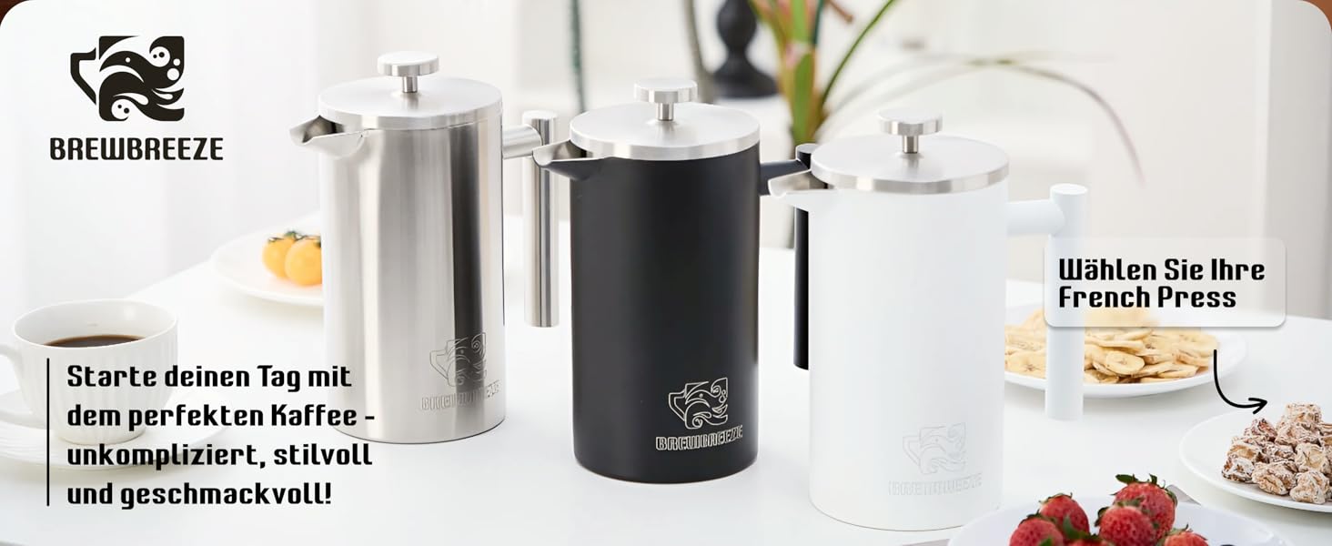 Набір для приготування кави френч-прес, термоізольований, з пітчером для спінювання молока, нержавіюча сталь (чорний, 1 літр)