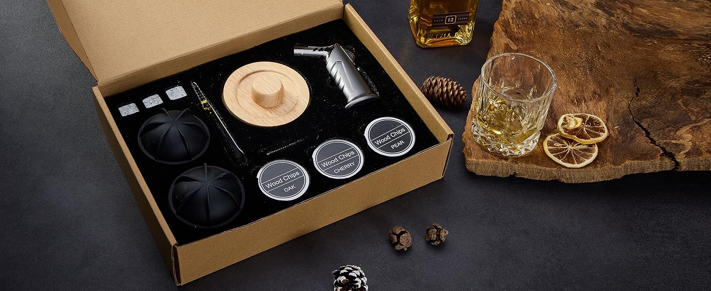Набір для димування коктейлів та віскі – 6 видів деревини, ліхтарик, генератор диму (без бутану) – покращений нагрівач, 2 форми для льоду, 6 гранітних каменів