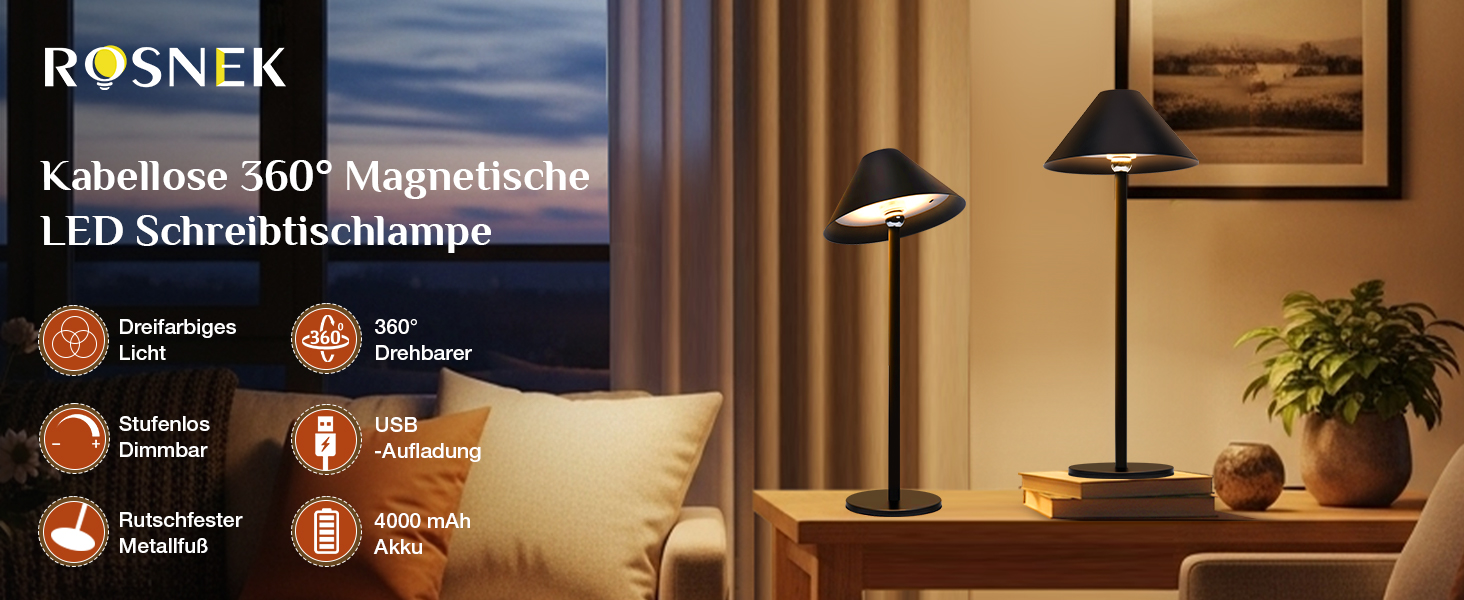 Світлодіодна настільна лампа Rosnek бездротова, акумуляторна 4000 mAh з димером, поворотна на 360°, чорна
