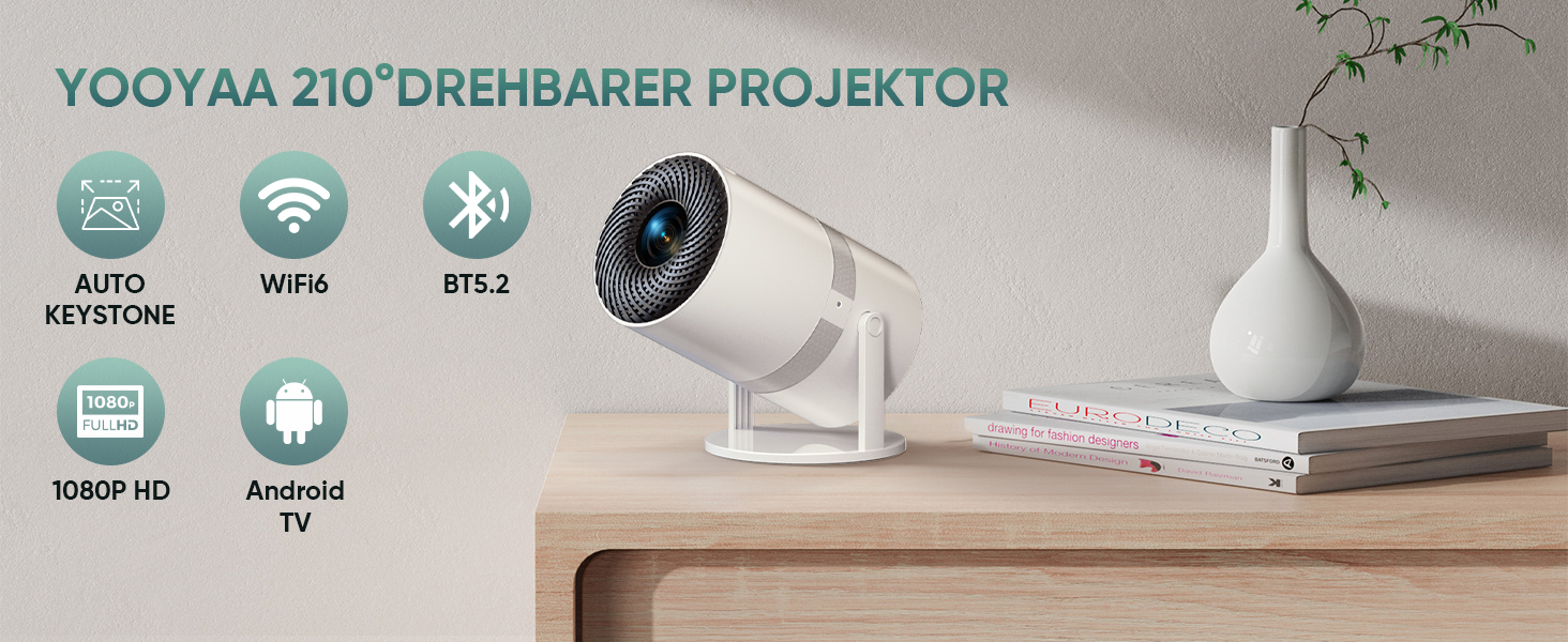 Міні проектор Beamer з автотрапецеїдною корекцією, Android OS, поворот 210°, WiFi 6, Bluetooth, 50% Zoom, Full HD 1080P для дому та на вулицю (сумісний з: смартфоном, Fire TV Stick, ноутбуком, HDMI, USB)