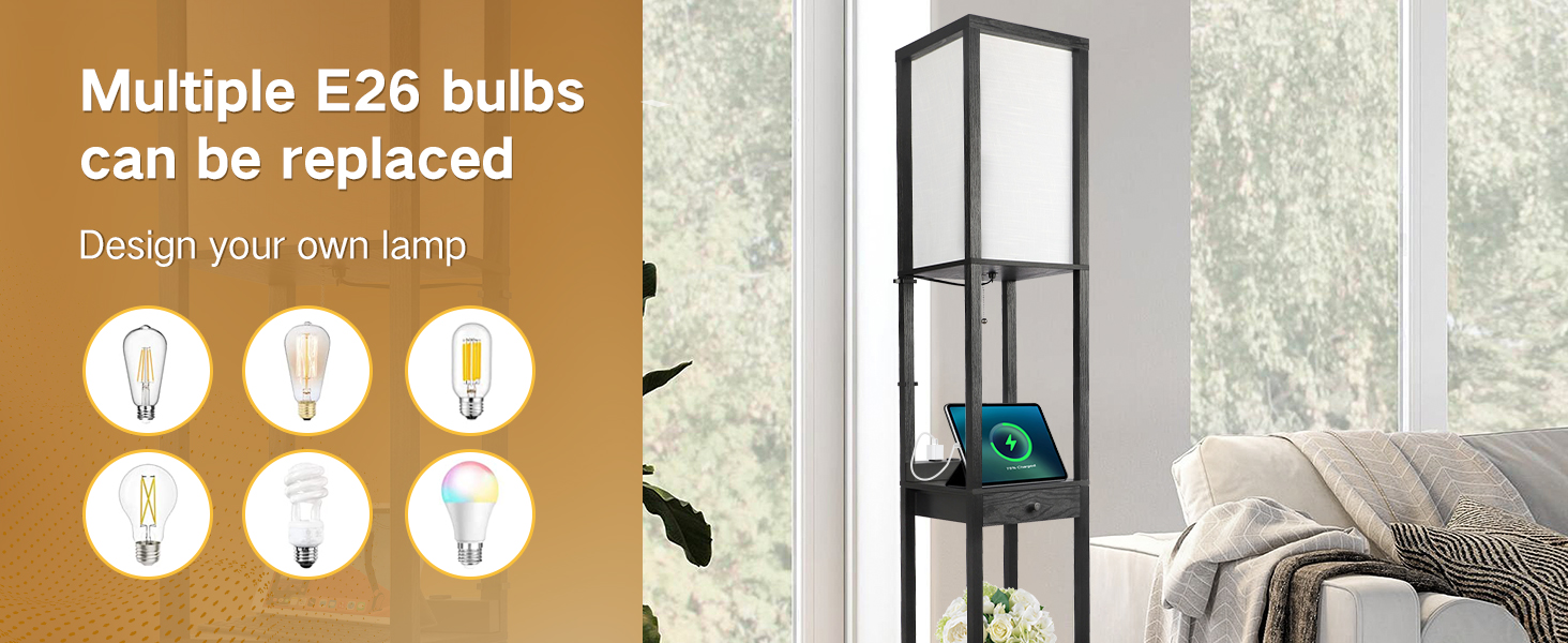 LED торшер OUTON з полицею та ящиком, 3 режими кольору, таймер 1год, 2 USB порти, для вітальні, спальні, офісу (Чорний)