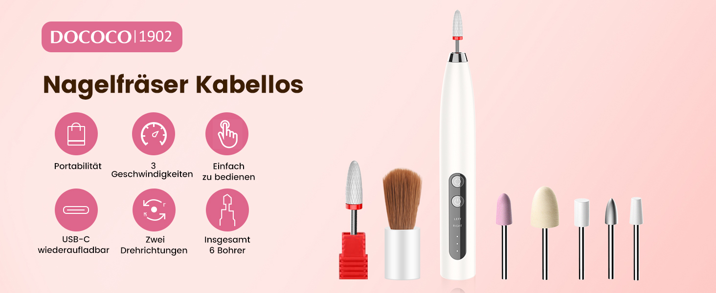 Електричний фрезер для нігтів DOCOCO з USB-C, для гелю та акрилу, манікюрний набір