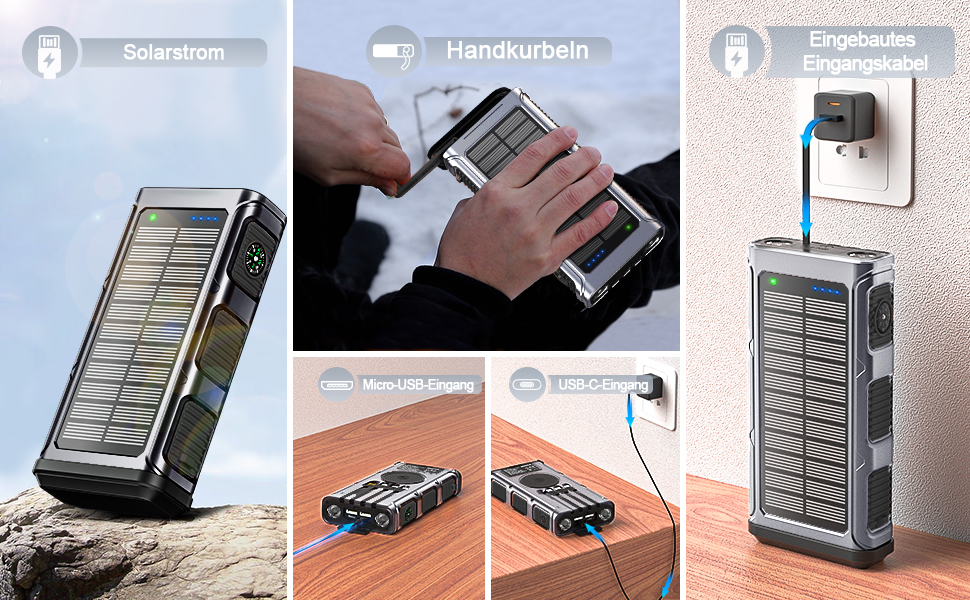 Сонячний Powerbank 26800 mAh з ручним генератором та 4 кабелями, водонепроникний зовнішній акумулятор для телефону, кемпінгу, подорожей (сріблястий)