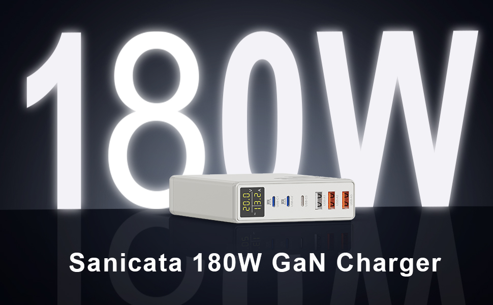 Зарядний пристрій USB 6 портів з LCD екраном GaN 180W для MacBook, iPad, iPhone 16/15/14/Pro/Max, Samsung Galaxy S23 - Білий