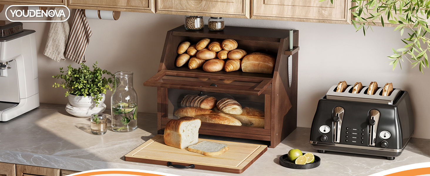 YOUDENOVA Бак для хліба з бамбука Eco, з дощечкою для нарізання, 39x26x32,5 см, коричневий