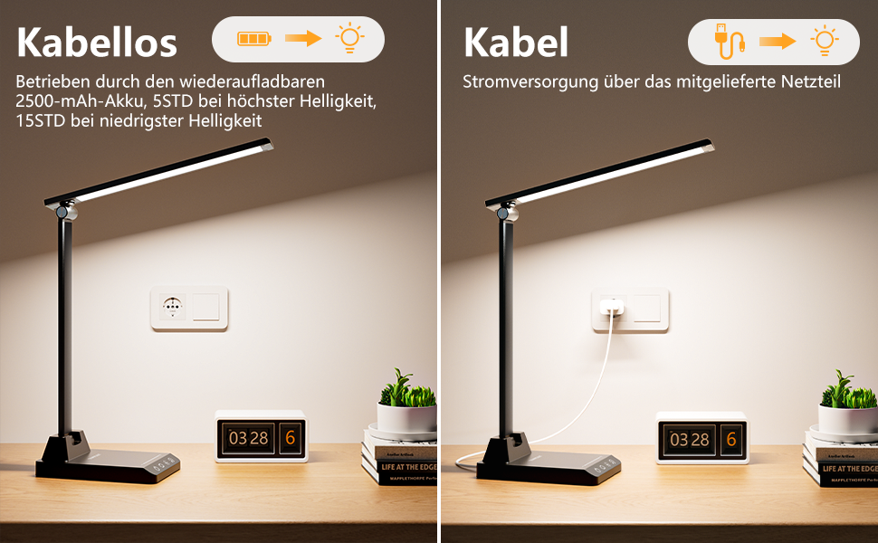 TOPPLEE LED Desk Lamp - Dimmable Table Lamp with Rechargeable Battery, 5 Colors & 10 Brightness Levels, USB Charging Port, Office Lamp for Kids & Home, Black