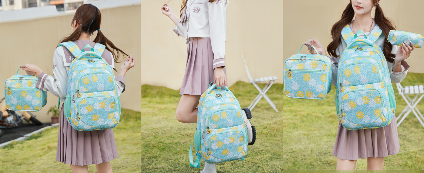 Шкільний рюкзак ZHIERNA для дівчаток-підлітків: набір з ланч-боксом та пеналом, блакитний