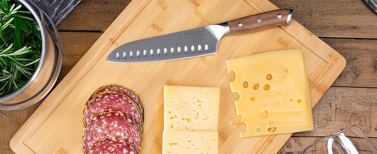 Ніж Santoku Moritz & Moritz 18 см - професійний кухонний ніж у японському стилі з надзвичайно гострою клинком - для м'яса, суші та іншого. Ергономічна ручка з акації. Німецька сталь Santokumesser