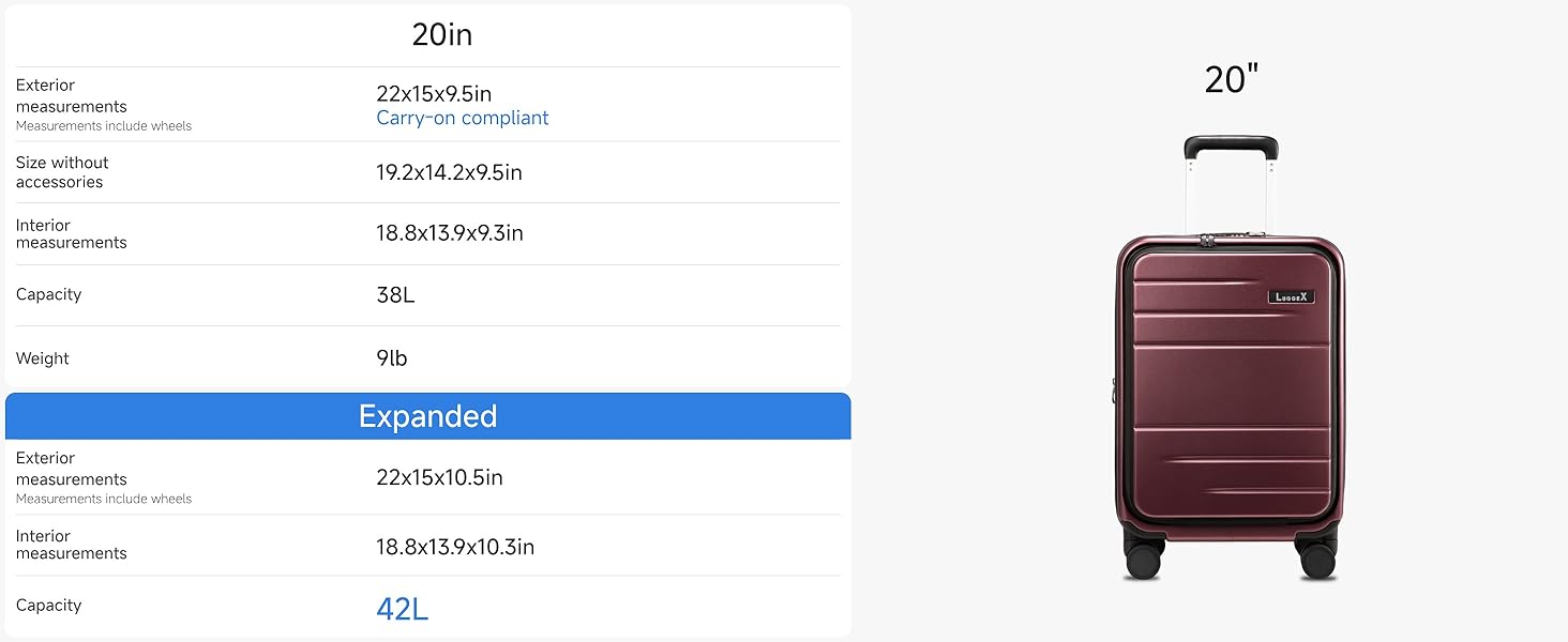 Чемодан-валіза LUGGEX на ручках, ручна поклажа з відділенням для ноутбука – Розширюваний жорсткий кейс з полікарбонату з TSA-замком (56×38×24 см) (Червоний)