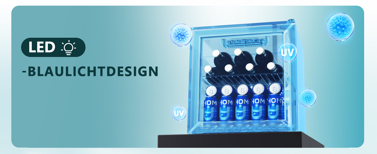 Міні-холодильник EUHOMY для напоїв на 55 банок, чорний, 36L, з дверцятами з прозорого скла, LED-підсвітка, тихий (43dB), для офісу, кімнати, бару