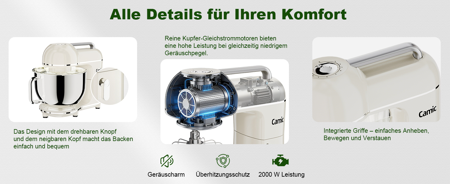 Кухонний комбайн-міксер Camic 2000W, чаша з нержавіючої сталі 7л, 10 швидкостей, набір насадок та захист від бризок, білий