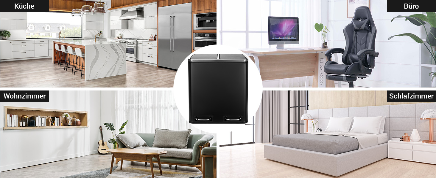 Відро для сміття LIFERUN з двома відсіками, 2 x 15 літрів, металеве, з м'яким закриттям кришки, знімний внутрішній відро, ручки, відро з педаллю, для квартири, маленької сім'ї (Чорний)