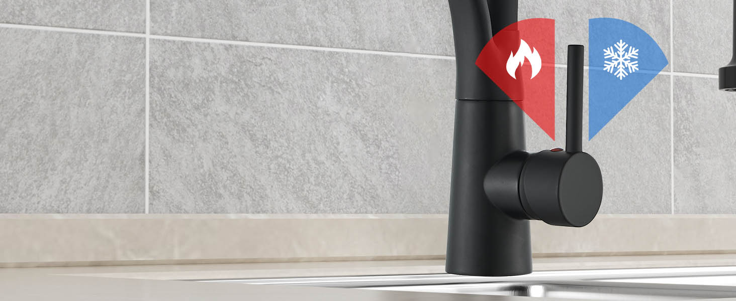 Кухонний змішувач з двома виливами, поворотний 360°, з висувною лійкою, з спіральною пружиною, для мийки, чорний, з матовою обробкою