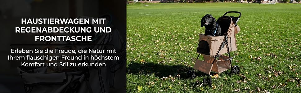 Візок для тварин Monster Shop з сумкою, знімний, складний, вантажопідйомність 15 кг, колеса, гальма, сітчасте вікно, кошик, тримач для напоїв, кишені та водовідштовхуючий дощовик (Бежевий)