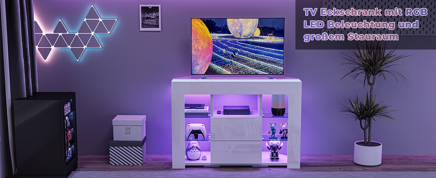 Кутова ТВ тумба Dripex з LED підсвіткою, білий глянець, 100x68x40 см – тумба під телевізор, етажерка для вітальні