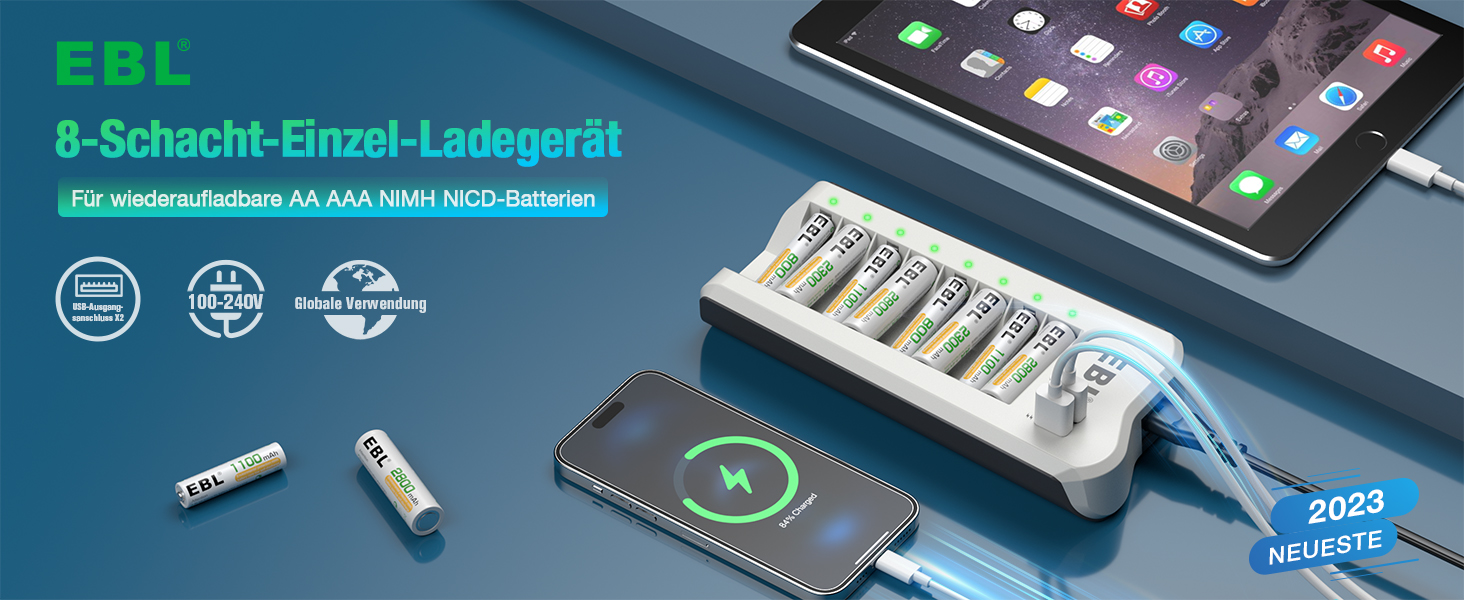 Зарядний пристрій EBL для акумуляторів AA/AAA NI-MH/NI-Cd та USB пристроїв, 8 слотів, LED дисплей, 2 USB порти (без акумуляторів)