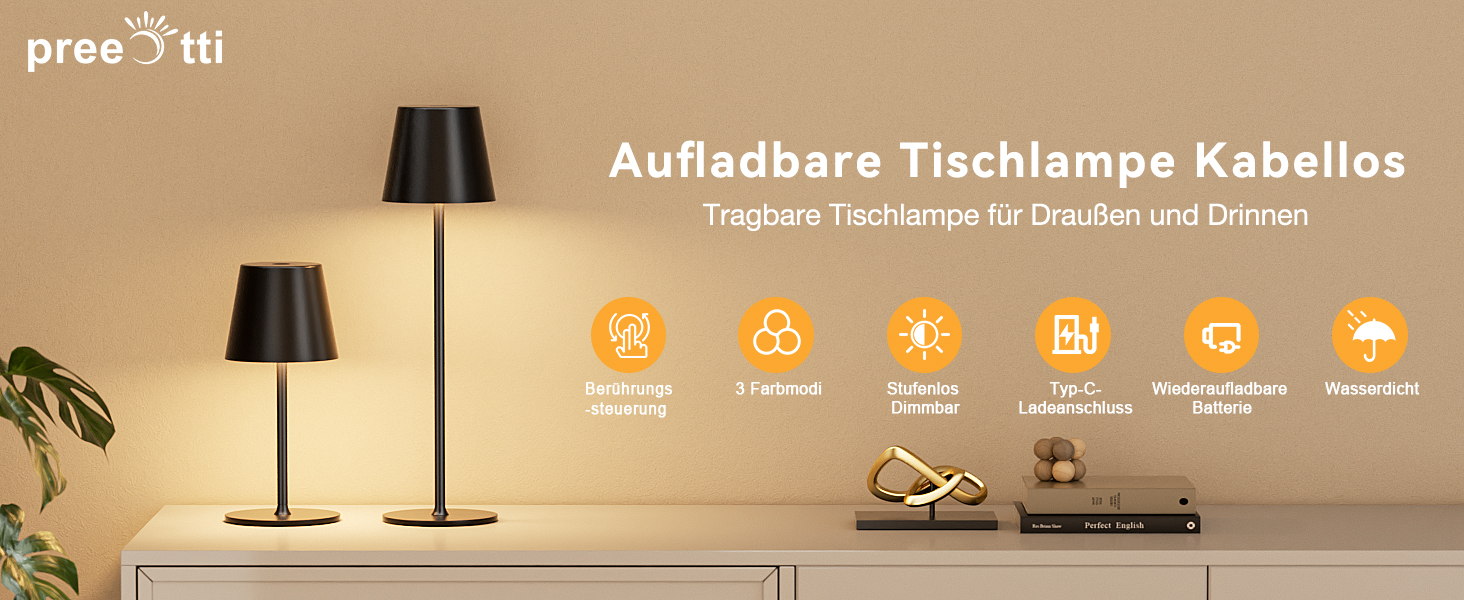 Акумуляторна настільна лампа LED бездротова з USB-C зарядкою, димується, 3 режими світла, чорна - для дому, кемпінгу