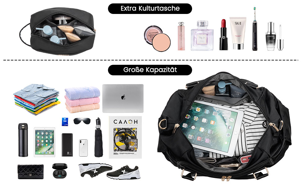 Спортивна сумка LOVEVOOK для подорожей: жіноча дорожня сумка-мішок, weekender, з органайзером, відділенням для взуття та мокрих речей, водонепроникна, 42L, чорна