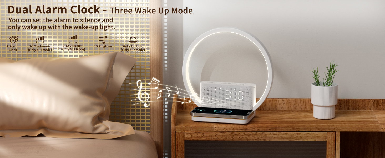 Нічна лампа RETEYUNG з бездротовою зарядкою 10W, 2 будильники, денний світловий будильник, 10 заспокійливих звуків, сенсорне регулювання яскравості (3 рівні), стиль арт-деко