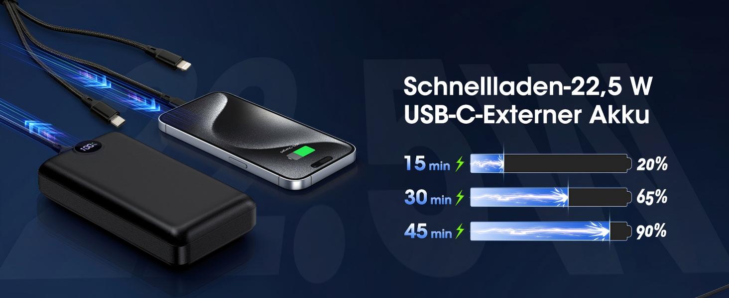 Power Bank 50000mAh з 3 кабелями, швидка зарядка 22.5W, USB-C, LED дисплей, сумісний з iPhone, iPad, Android - Чорний