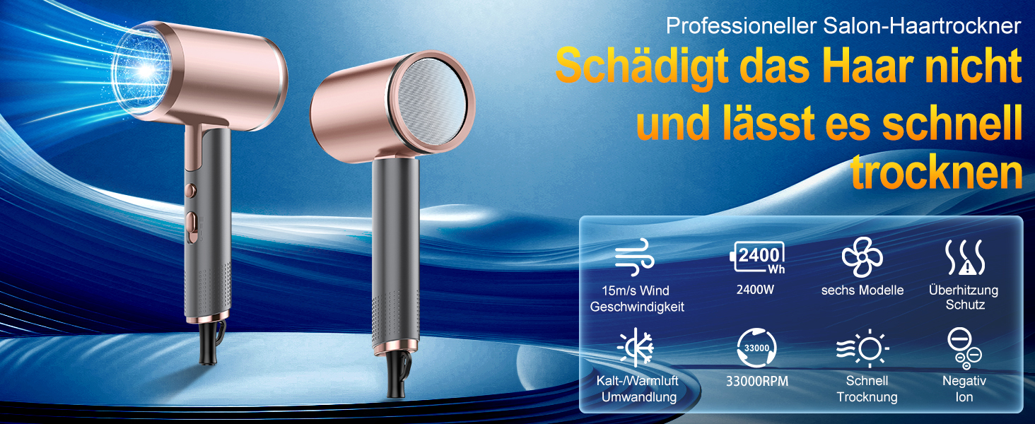 Професійний фен 2400W з іонізацією, складний, для подорожей, з насадкою-дифузором та терморегулятором (сірий/рожевий)