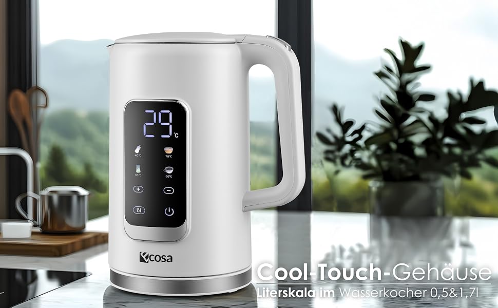 Електричний чайник-заварник зі сталлю, регулювання температури 40-100°C, 1,7 л, 2200 Вт, з підігрівом, LED дисплеєм, без BPA, білий Wanda