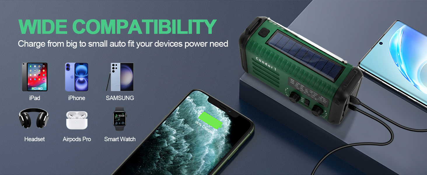 Радіо Kurbelradio 20000mAh сонячне з ручним заводом, AM/FM, SOS, LED-ліхтарик, USB зарядка для телефону, аварійне живлення, зелений