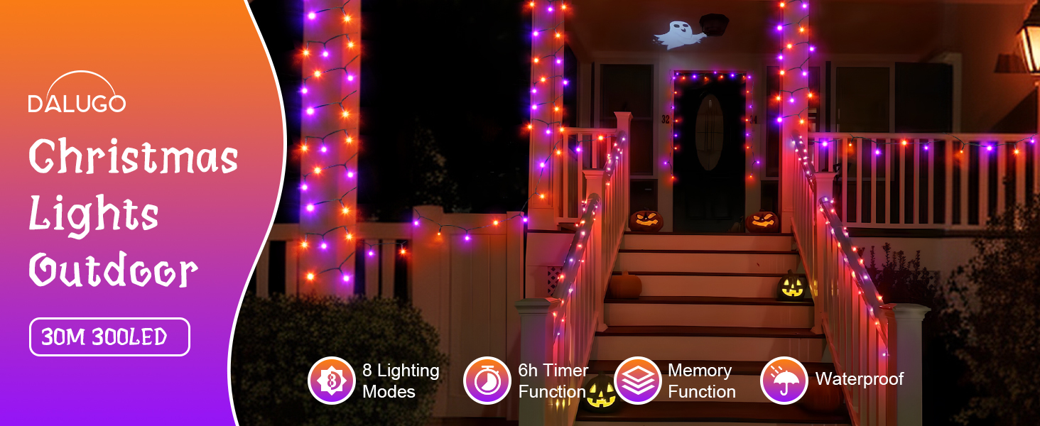 Гірлянда на Хелловін, 30м, 300 LED, оранжево-фіолетова, з функцією пам'яті та таймером, 8 режимів освітлення, вологостійка, для декорування інтер'єру та екстер'єру