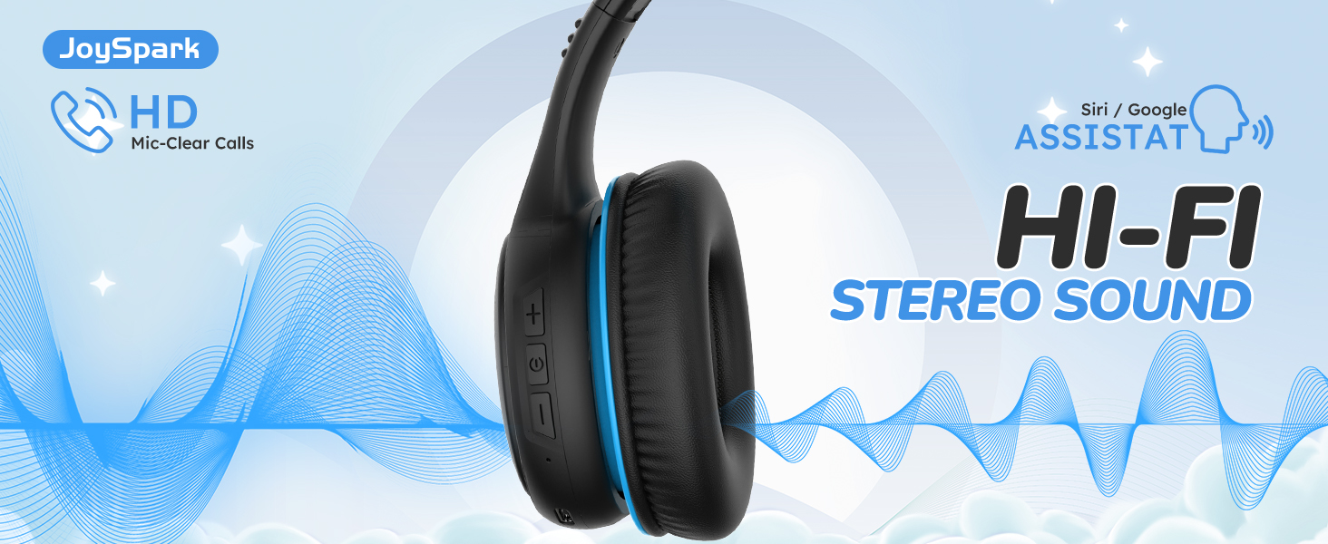 Дитячі Bluetooth навушники JoySpark з мікрофоном, 60 годин роботи, Bluetooth 5.4, Type-C, обмежувач гучності 85/94dB, складні, чорно-синій колір