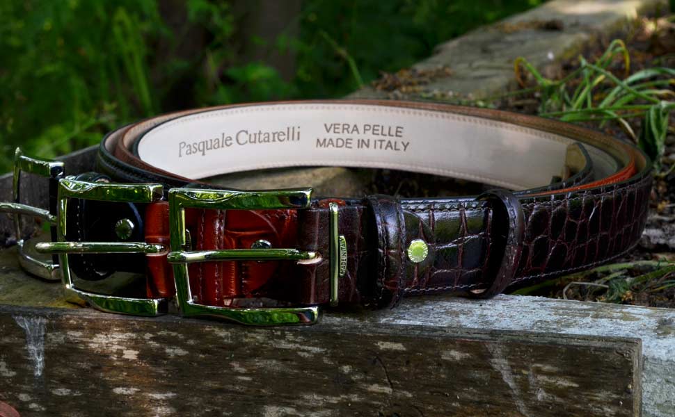 Чоловічий шкіряний ремінь Pasquale Cutarelli з крокодиловим візерунком, колір бургундський