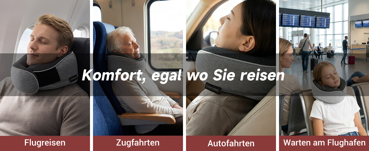 Подушка для подорожей COSYLAND з Memory Foam 360° - для літака та авто, з маскою для сну та берушами, сіра, ергономічна