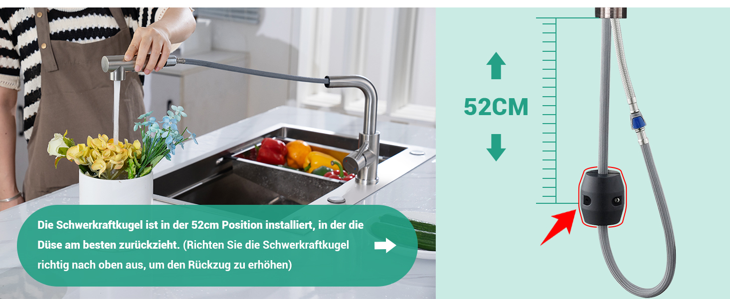 Кухонний змішувач Dayone з висувною лійкою, нержавіюча сталь SUS304, високий тиск, 2 функції, поворотна лійка 360°, L-подібна форма, G6808bn