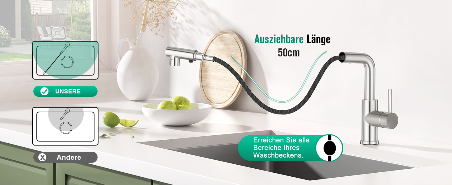 Кран кухонний CREA з 3 функціями, висувна лійка, поворот на 360°, матовий (з нержавіючої сталі)