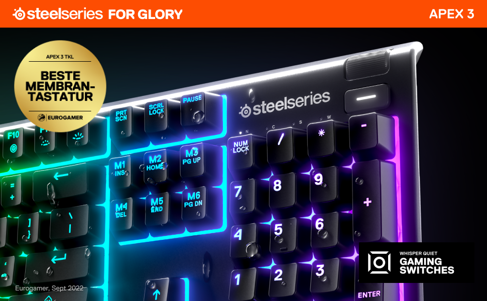 Клавіатура SteelSeries Apex 3 для геймінгу з RGB-підсвічуванням та магнітною підставкою для зап'ястя, QWERTY, чорна