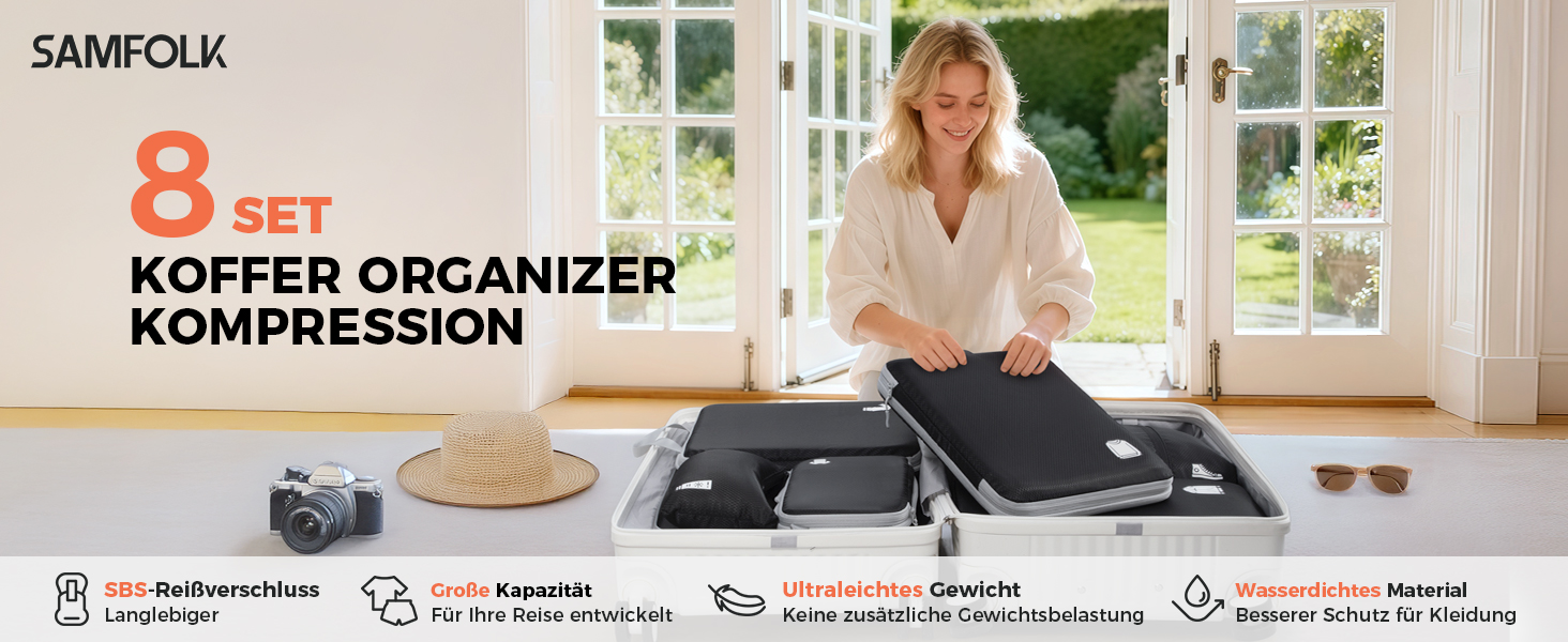 Органайзери для валізи - набір 8 шт. (Compression Packing Cubes), вологостійкий, для подорожей, чорний