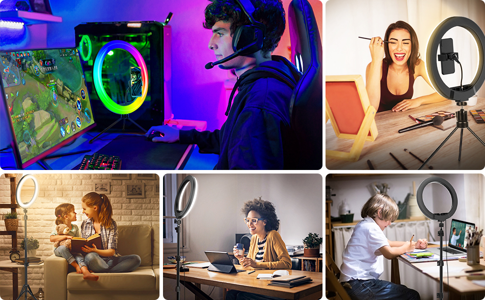 Рінг-лайт 10 дюймів з триподом для телефону, 32 режими RGB, регульована яскравість, для селфі, YouTube, TikTok, макіяжу та фотографії