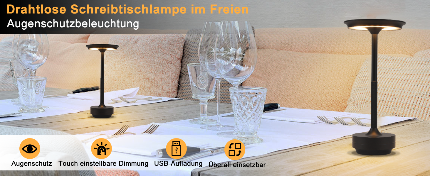 Бездротова настільна лампа - LED лампа на акумуляторі, торшери з сенсорним керуванням, диммуванням, USB зарядкою, 2 шт. (1 шт., чорний)