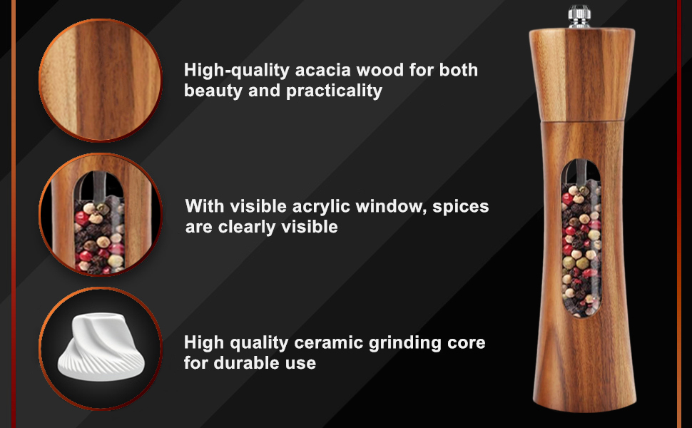 Дерев'яна мельниця для солі та перцю з підставкою, ручна, з регульованим керамічним жорном, 20 см