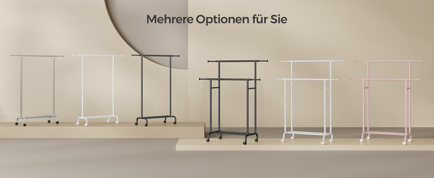SONGMICS Clothes Rack with 2 Clothes Rods, Extendable Garment Rod, with Wheels, Coat Rack, Height Adjustable between 113 and 180 cm, Lower Rod Adjustable, LLR401R01 (Ink Black, 120D x 50W x 156H cm)