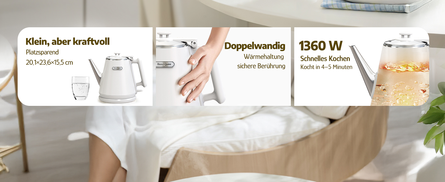 Електричний чайник Hazel Quinn, 1 л, ретро-дизайн, з подвійними стінками, нержавіюча сталь 304, 1360W, BPA-free, автоматичне вимкнення, білий перламутровий