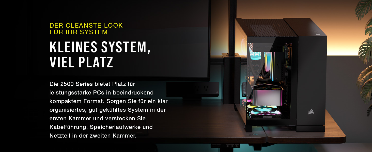 Корпус ПК CORSAIR 2500X mATX з двокамерним дизайном, чорний/горіх, сумісний з платами зворотного підключення, велика гнучкість охолодження, з загартованим склом
