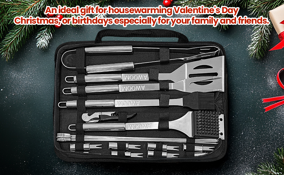 Набір гриля AWOOM 20 предметів: шампури, щипці, лопатка, щітка | З гриль-кофром | Для барбекю, кемпінгу та вечірок