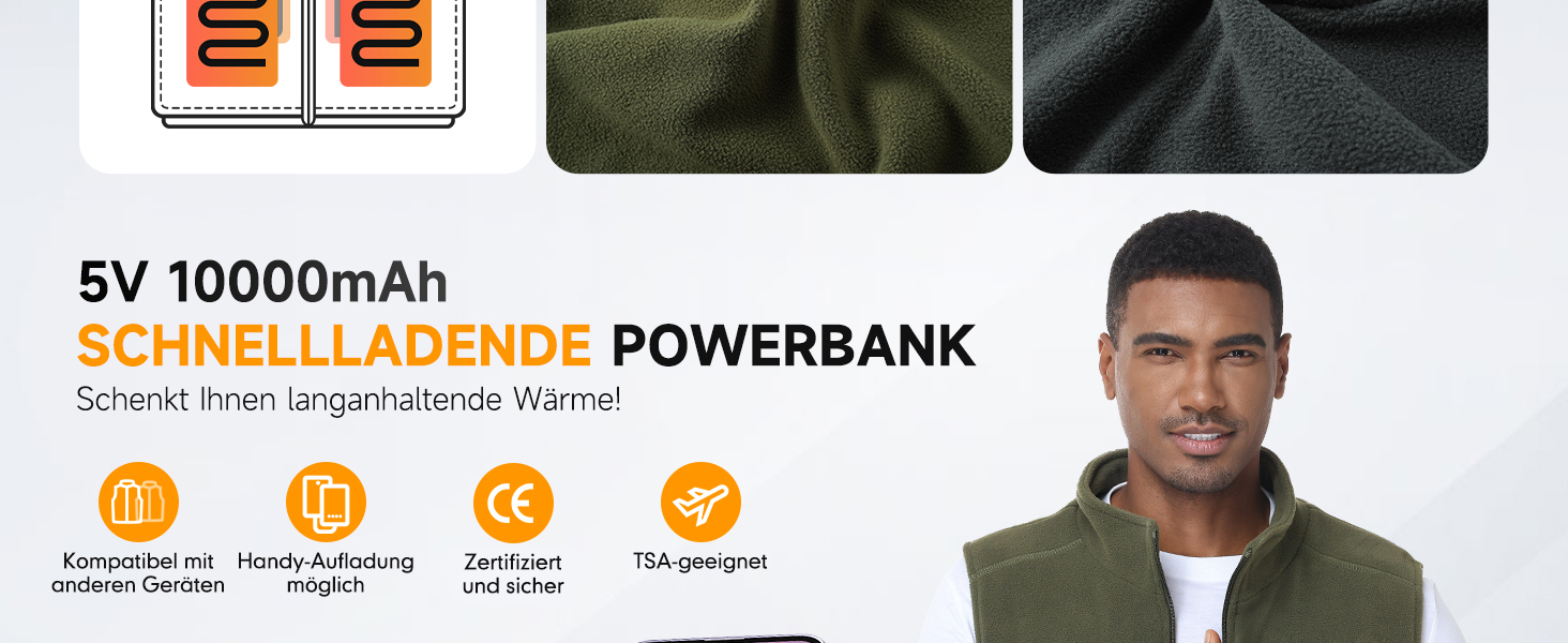 Обогріваюча жилетка для чоловіків з акумулятором 10000mAh, 6 зон нагріву, USB, мікрофліс, регулювання температури, чорний колір, розміри S, M, L