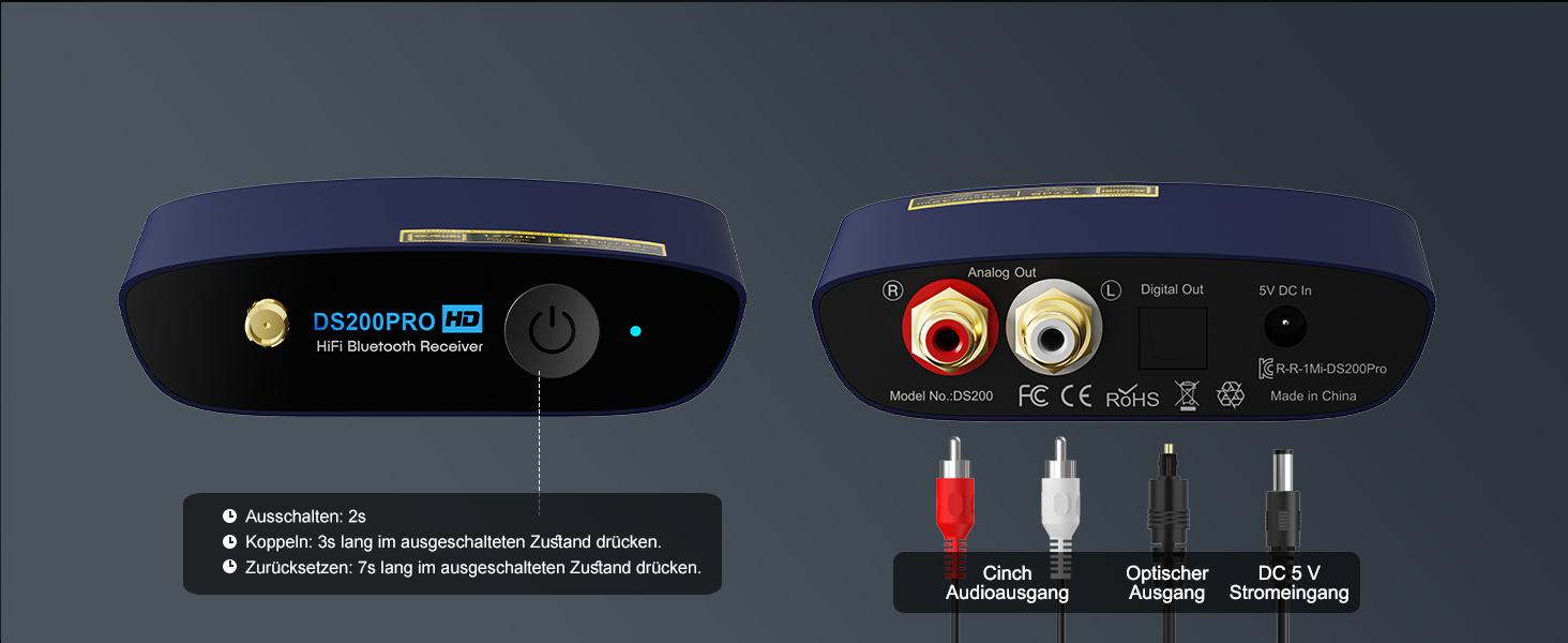 1Mii Bluetooth 5.3 HiFi Аудіоприймач для стереосистеми: Bluetooth адаптер з DAC (384kHz / 32bit), aptX HD, LDAC, вихід Opt/RCA для AV ресивера або підсилювача (блакитний)