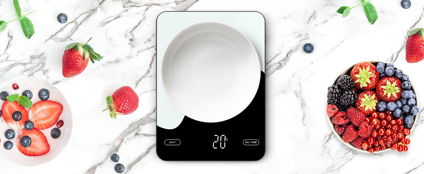 Brifit Kitchen Scale with App - 10kg/1g Digital Food Scale with Calorie Counter, LED Display, Tare Function, USB Rechargeable