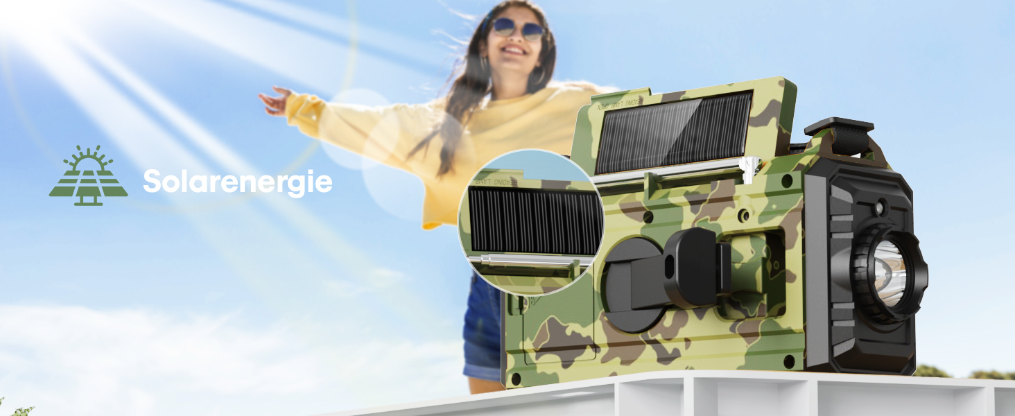 Радіо Kurbelradio на сонячній батареї та з ручкою, 12000mAh, AM/FM/SW, USB-зарядка, SOS-сигнал, ліхтарик, для кемпінгу та надзвичайних ситуацій, зелений камуфляж