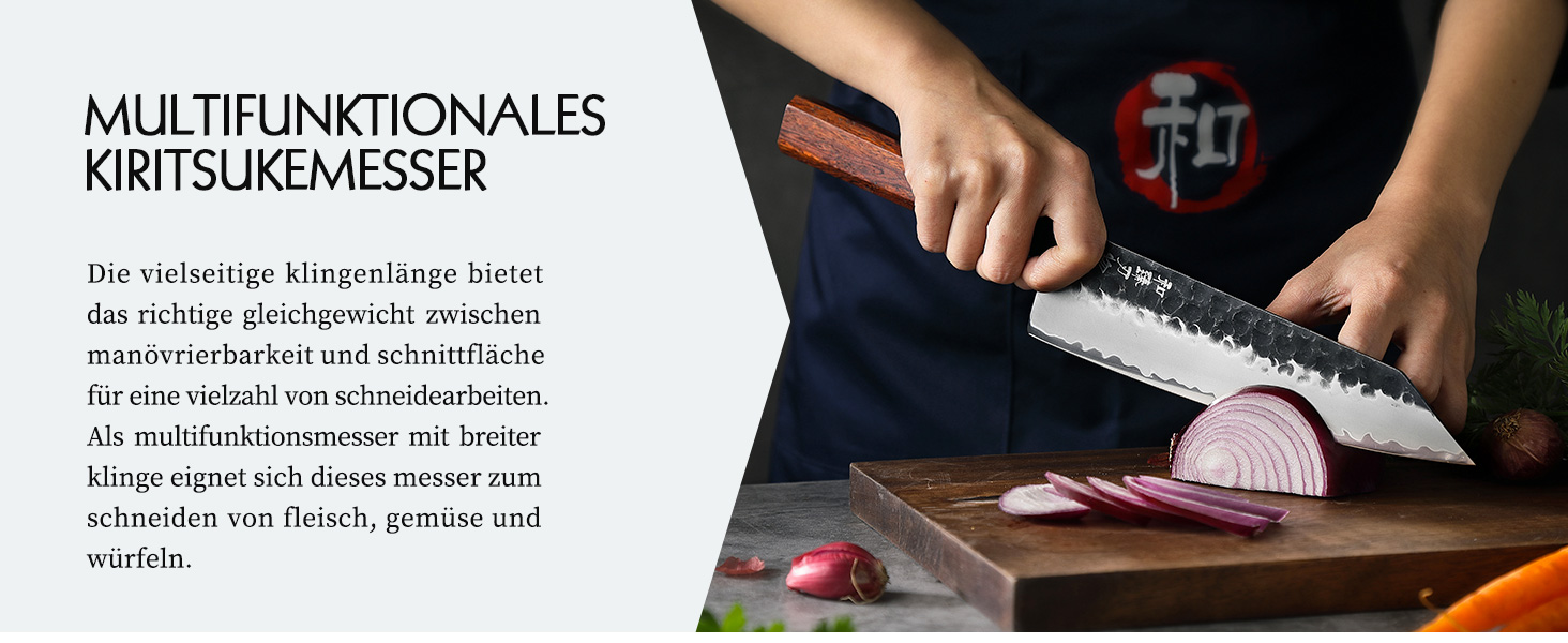 Японський ніж Kiritsuke Messer 21.5 см, сталь 3 шари, професійний, ручка з червоного дерева, дерев'яна піхва