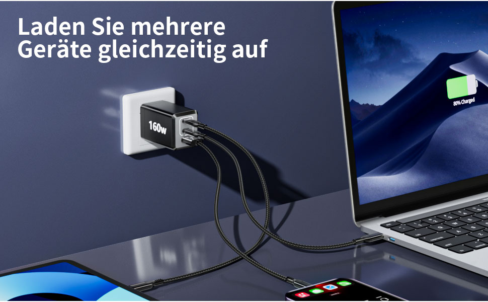 Зарядний пристрій USB-C 160W GaN: Швидка зарядка PPS, 3 порти для MacBook Pro/Air, iPad, iPhone 16/15/14 - Чорний