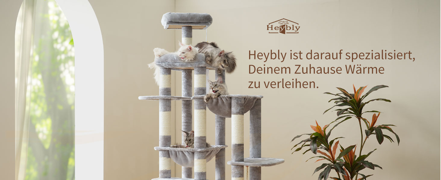 Драбина для котів Heybly, 180 см, велика з надміцною основою, XL-платформа, великий будиночок для котів, 2 гамаки, багатоярусні котячі меблі для Мейн-кунів та інших великих котів, сірий колір HCT037W