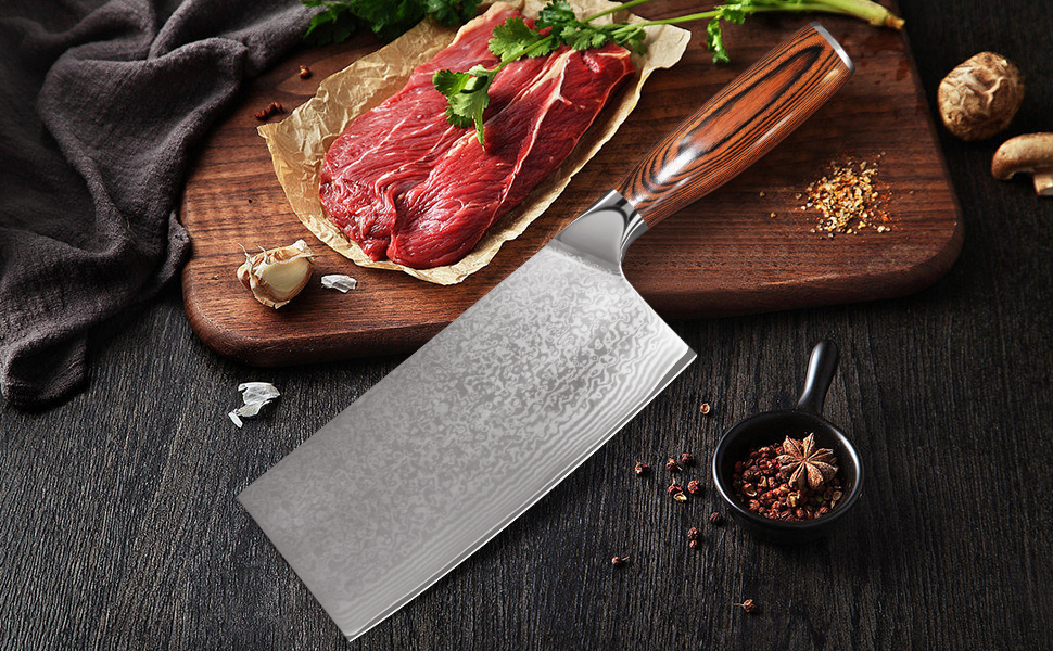 Ніж кухарський Дамаск Шарф: професійний ніж для м'яса з дамаської сталі, ручна робота, з антиковзним дерев'яним руків'ям, у подарунковій коробці